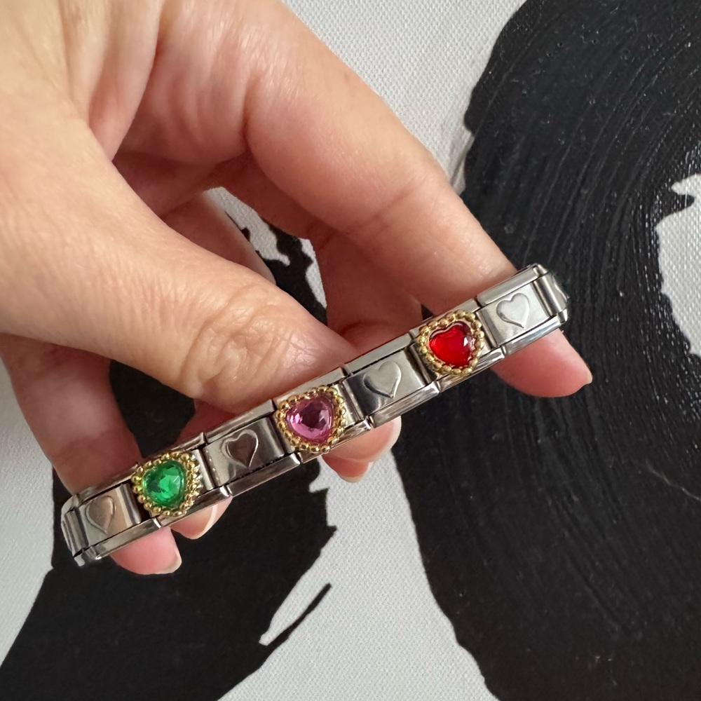 Triple gemstone hearts Italian charm bracelet